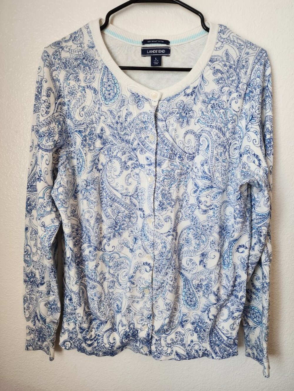Land's End Long Sleeve Button Down Paisley Sweater